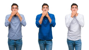 Kolaj izole arka plan ağız hata için elleriyle kapsayan şok yakışıklı genç Hintli adam. Gizli kavramı.