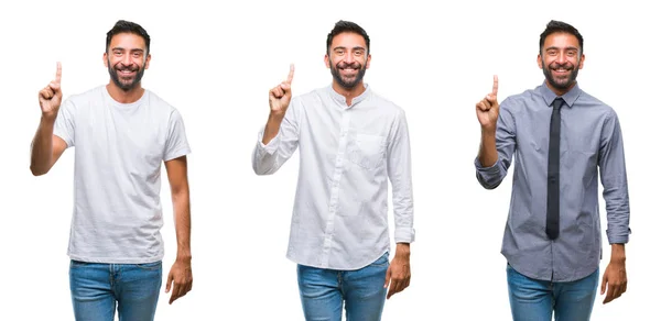 英俊的年轻印度男人拼贴在孤立的背景显示和手指指向八号 同时微笑着自信和快乐 — 图库照片