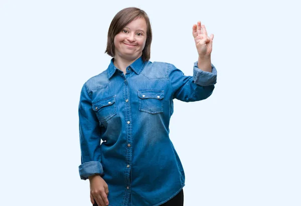 Mladé Dospělé Ženy Downovým Syndromem Izolované Pozadí Zobrazení Ukázal Prsty — Stock fotografie
