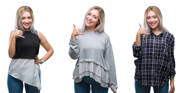 Колаж Красивої Блондинки Молодої Жінки Над Ізольованим Тлом Посміхаючись Робити — стокове фото