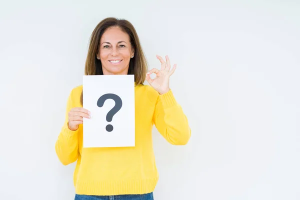 Middle Age Woman Thinking Holding Paper Question Mark Symbol Isolated — Stock Photo, Image