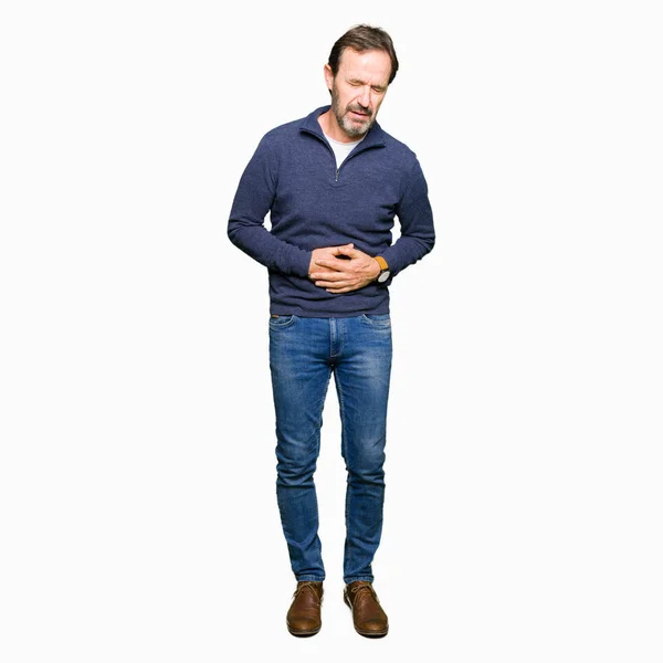 Middle Age Handsome Man Wearing Sweater Hand Stomach Because Indigestion — Stock Photo, Image