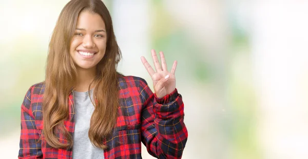 Giovane Bella Donna Bruna Indossa Una Giacca Sfondo Isolato Mostrando — Foto Stock