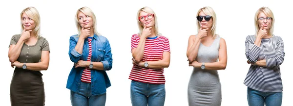 Collage Van Mooie Blonde Vrouw Draagt Differents Kijkt Geïsoleerde Achtergrond — Stockfoto