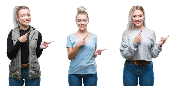 Collage Einer Schönen Blonden Jungen Frau Vor Isoliertem Hintergrund Die — Stockfoto