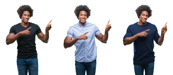 分離背景笑顔で側に つの手と指で指しているカメラ目線の上のアフリカ系アメリカ人の若いハンサムな男のコラージュ — ストック写真