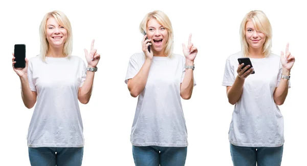 Collage Hermosa Mujer Rubia Usando Teléfono Inteligente Sobre Fondo Aislado —  Fotos de Stock