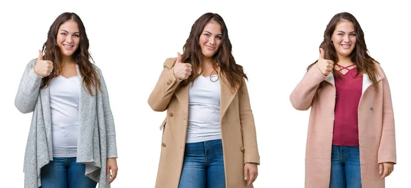 Colagem Mulher Bonita Size Usando Jaqueta Inverno Sobre Fundo Isolado — Fotografia de Stock