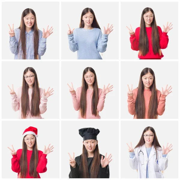 年轻医生拼贴 亚洲女厨师孤立的背景显示和指着手指 同时微笑着自信和快乐 — 图库照片