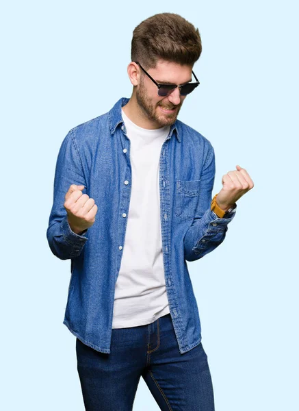 Young Handsome Elegant Man Wearing Denim Jacket Very Happy Excited — 图库照片