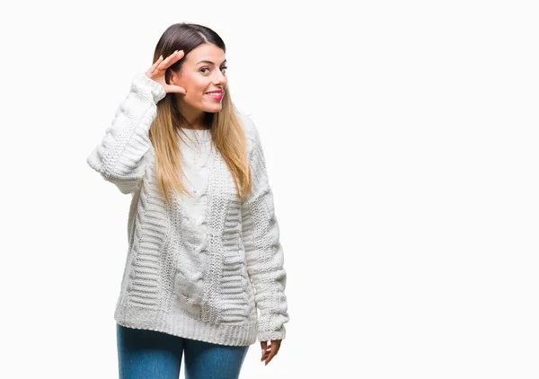 Giovane Bella Donna Casual Maglione Bianco Sfondo Isolato Sorridente Con — Foto Stock