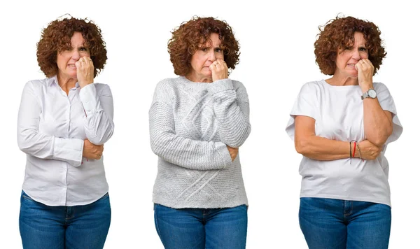 中年高级女商人穿着白色 T恤在白色孤立的背景看起来紧张和紧张的手在嘴咬指甲拼贴 焦虑问题 — 图库照片