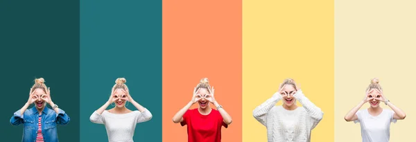 Collage Joven Hermosa Mujer Rubia Sobre Vívidas Rayas Vintage Coloridas — Foto de Stock