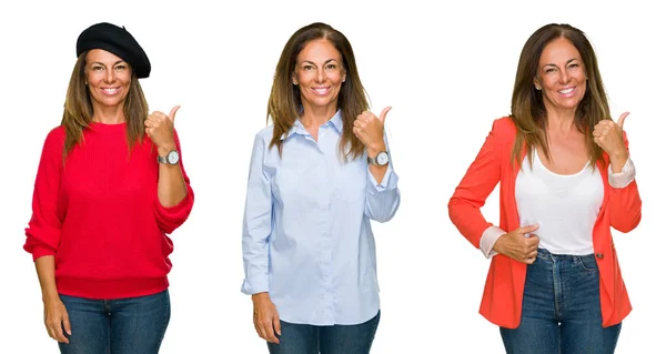 Collage Hermosa Mujer Mediana Edad Sobre Fondo Blanco Aislado Haciendo — Foto de Stock