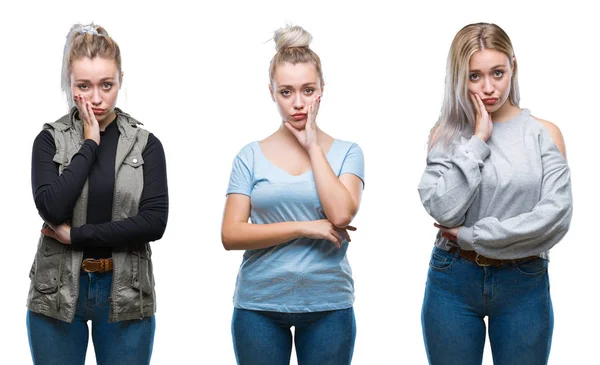 Collage Beautiful Blonde Young Woman Isolated Background Thinking Looking Tired — Stock Photo, Image