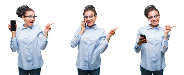 배경에 손가락으로 가리키는 스마트폰을 비즈니스 우먼의 콜라주 — 스톡 사진