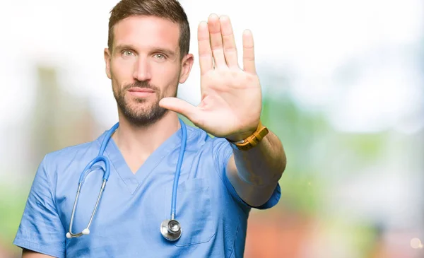 Handsome Doctor Man Wearing Medical Uniform Isolated Background Doing Stop — Stock Photo, Image