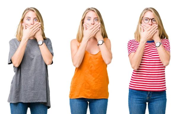 Collage Hermosa Mujer Rubia Sobre Fondo Blanco Aislado Impactó Cubriendo — Foto de Stock