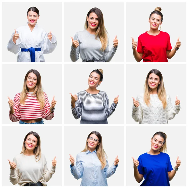 Collage Mujer Hermosa Joven Sobre Signo Éxito Fondo Aislado Haciendo —  Fotos de Stock