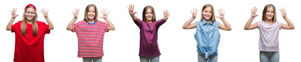 Коллаж Молодой Красивой Маленькой Девочки Изолированном Фоне Показывая Показывая Пальцами — стоковое фото
