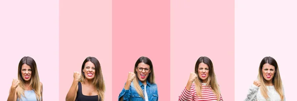 Колаж Молодої Красивої Жінки Над Рожевими Смугами Ізольований Фоні Злий — стокове фото