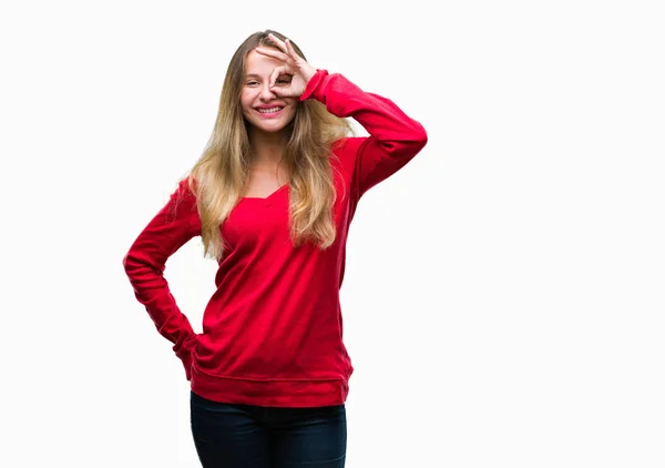 Giovane Bella Donna Bionda Che Indossa Maglione Rosso Sfondo Isolato — Foto Stock