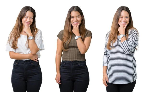 Collage Van Mooie Jonge Vrouw Geïsoleerde Achtergrond Zoek Vertrouwen Camera — Stockfoto