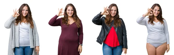 Colagem Mulher Bonita Size Sobre Fundo Isolado Sorrindo Positivo Fazendo — Fotografia de Stock