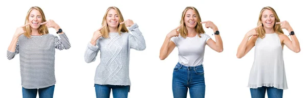 Colagem Bela Mulher Loira Sobre Fundo Isolado Branco Sorrindo Confiante — Fotografia de Stock