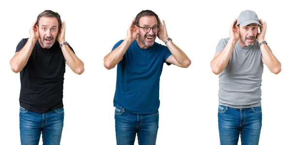 Collage Apuesto Hombre Mayor Sobre Fondo Blanco Aislado Tratando Escuchar —  Fotos de Stock