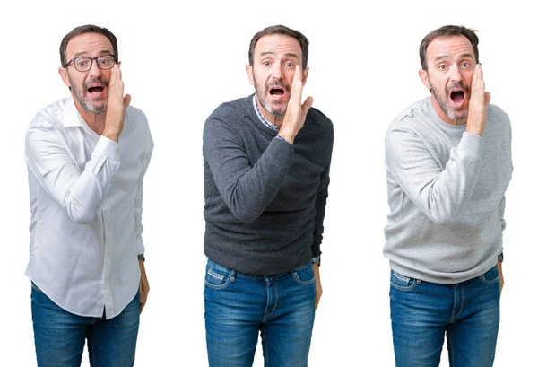 Collage Handsome Senior Man White Isolated Background Hand Mouth Telling — Stock Photo, Image