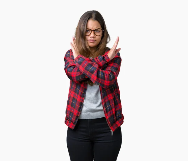 Joven Hermosa Morena Con Chaqueta Gafas Sobre Fondo Aislado Expresión —  Fotos de Stock