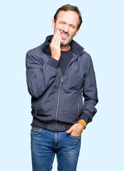 Middle Age Handsome Man Wearing Jacket Touching Mouth Hand Painful — Stock Photo, Image