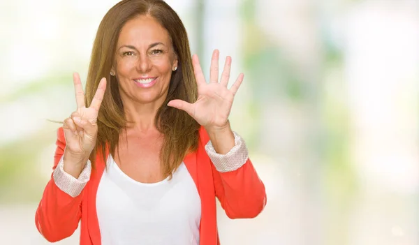 Güzel Orta Yaş Yetişkin Kadın Gösterilen Parmakları Ile Işaret Izole — Stok fotoğraf