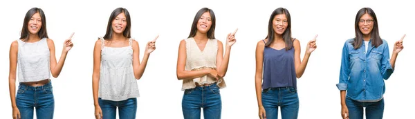 Collage Mujer Joven Asiática Pie Sobre Fondo Blanco Aislado Con —  Fotos de Stock