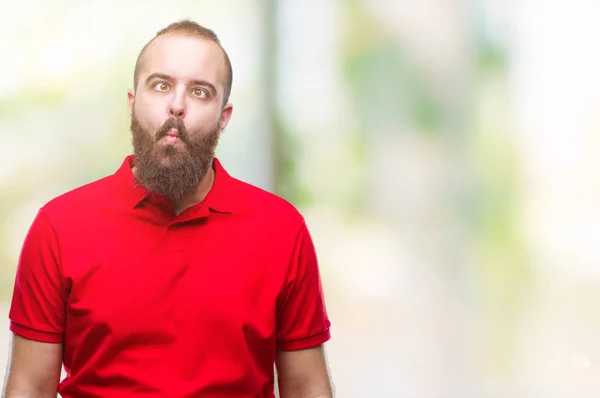 Young Caucasian Hipster Man Wearing Red Shirt Isolated Background Making — Stock Photo, Image