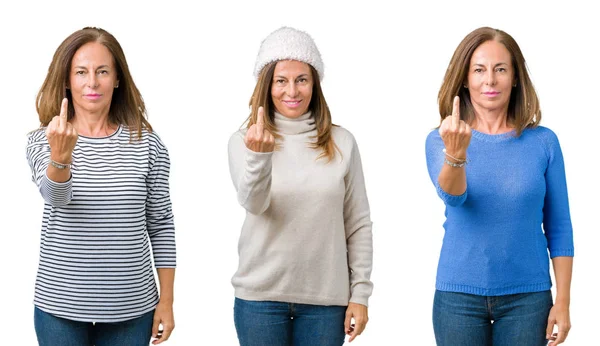 Коллаж Красивой Женщины Средних Лет Изолированном Фоне Показывает Средний Палец — стоковое фото