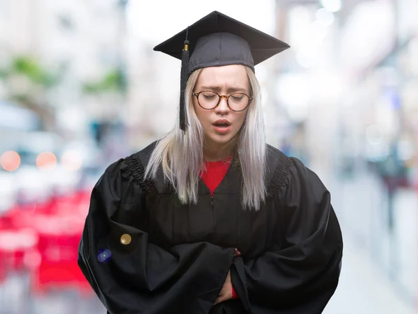 Mladá Blond Žena Nosí Postgraduální Uniforma Nad Samostatný Pozadí Rukou — Stock fotografie