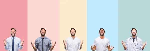 Collage Handsome Man Colorful Stripes Isolated Background Crazy Mad Shouting — Stock Photo, Image