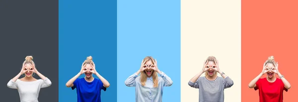 Collage Von Jungen Schönen Blonden Frau Über Lebendigen Bunten Vintage — Stockfoto