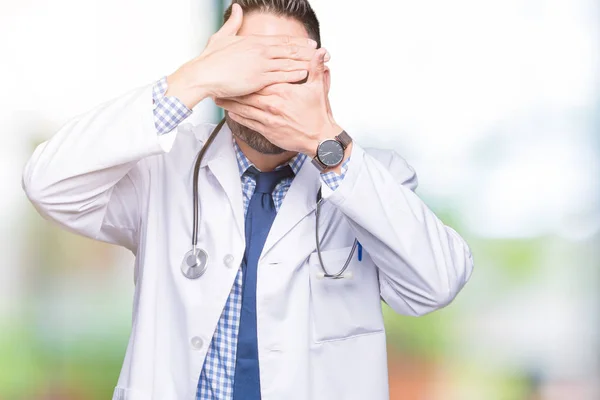Handsome Young Doctor Man Isolated Background Covering Eyes Mouth Hands — Stock Photo, Image