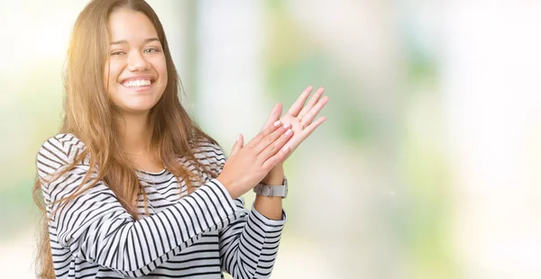 Young Beautiful Brunette Woman Wearing Stripes Sweater Isolated Background Clapping — Stock Photo, Image