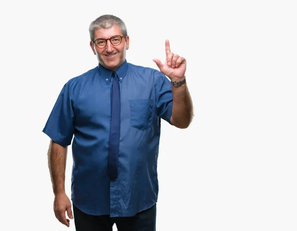 Pěkný Starší Obchodní Muž Izolované Pozadí Ukazující Prst Úspěšným Myšlenkou — Stock fotografie