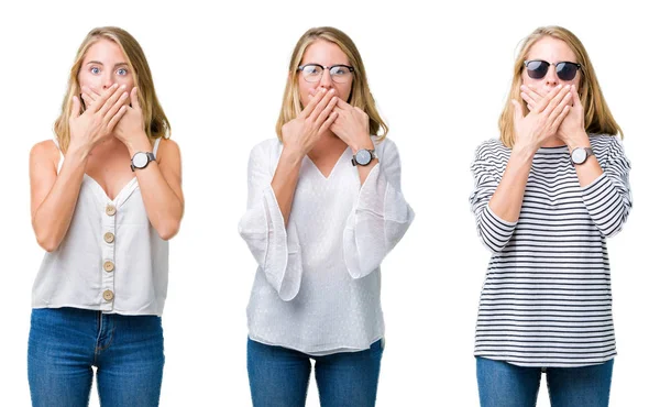 Collage Hermosa Mujer Rubia Sobre Fondo Blanco Aislado Impactó Cubriendo —  Fotos de Stock