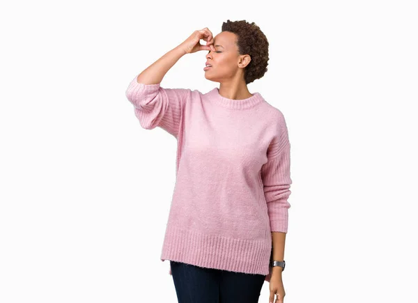 Hermosa Mujer Afroamericana Joven Sobre Fondo Aislado Cansado Frotando Nariz — Foto de Stock