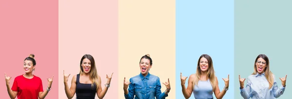 Collage Von Jungen Schönen Frau Über Bunten Streifen Isoliert Hintergrund — Stockfoto