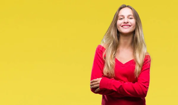 Giovane Bella Donna Bionda Indossa Maglione Rosso Sfondo Isolato Volto — Foto Stock