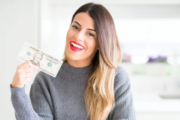 Young Beautiful Woman Holding Dollars Bank Note Home Happy Face — Stock Photo, Image