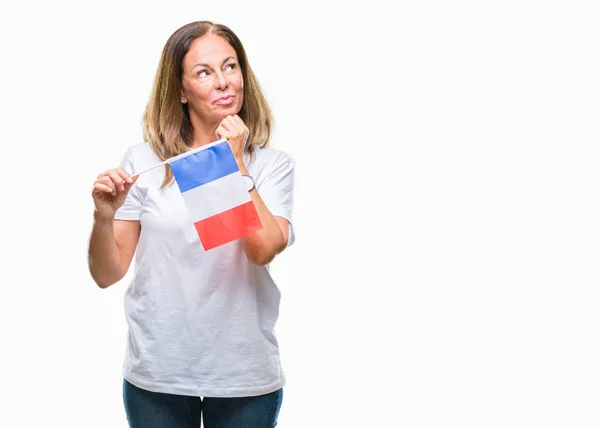 Middelbare Leeftijd Spaanse Vrouw Houdt Van Vlag Van Frankrijk Geïsoleerd — Stockfoto