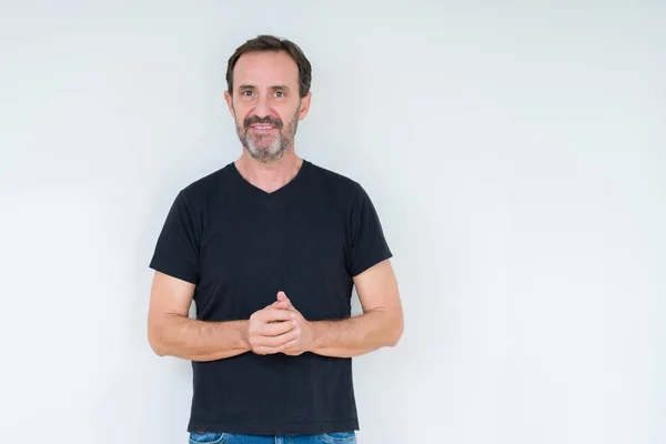 Homem Sênior Sobre Fundo Isolado Mãos Juntas Dedos Cruzados Sorrindo — Fotografia de Stock